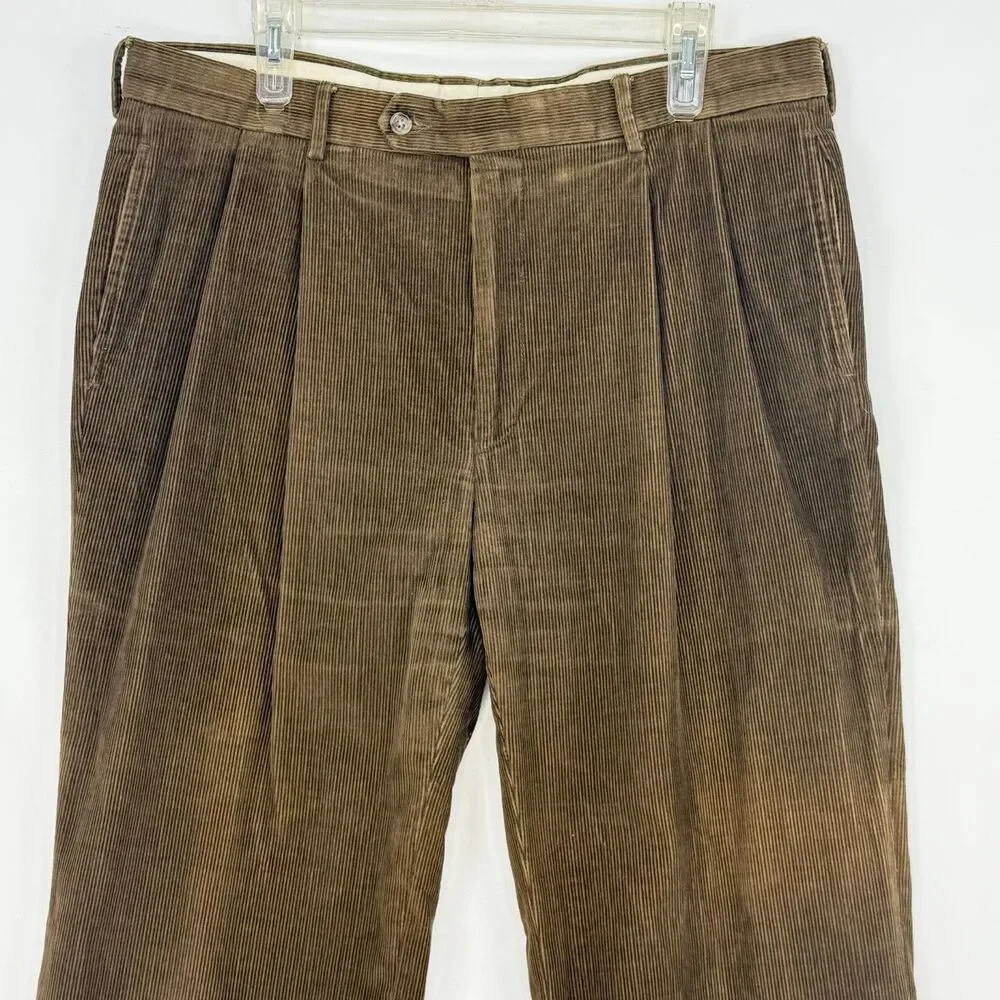 VTG Jos. A. Bank Mens Pants Green Corduroy Straight Cuffed Pleat Chinos Size 35